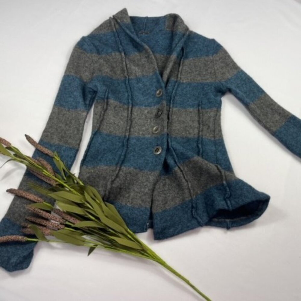 Free People Blue and Grey Strip Button Long Sleeve Sweater Size S